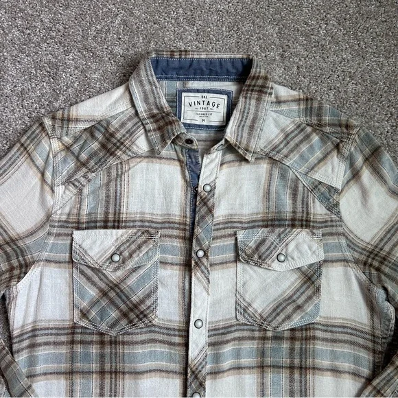 BKE Vintage Tailored Fit Plaid Western Pearl Snap Shirt Mens Medium Cream Blue - Picture 3 of 7